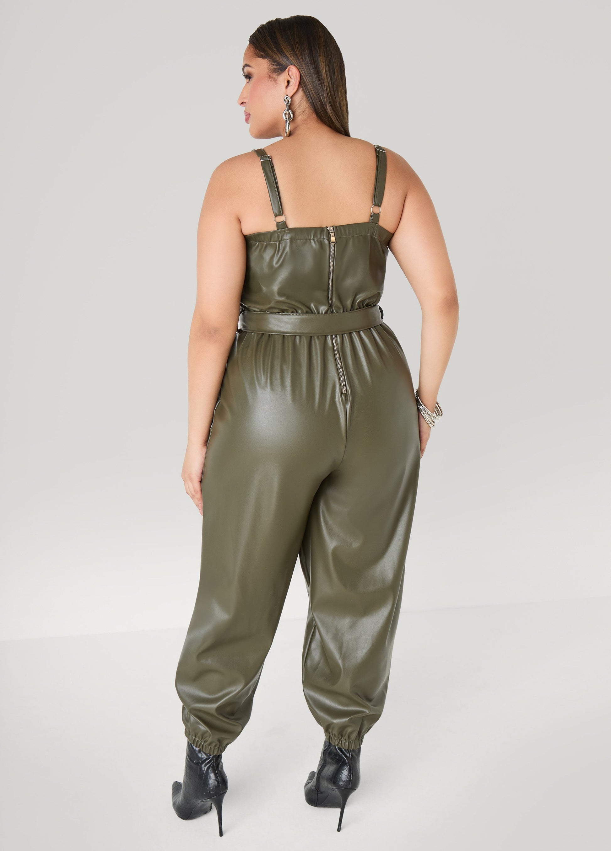 Ashley Stewart Faux Leather Joggers Jumpsuit Olive Night