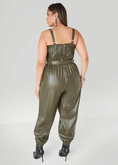 Ashley Stewart Faux Leather Joggers Jumpsuit Olive Night