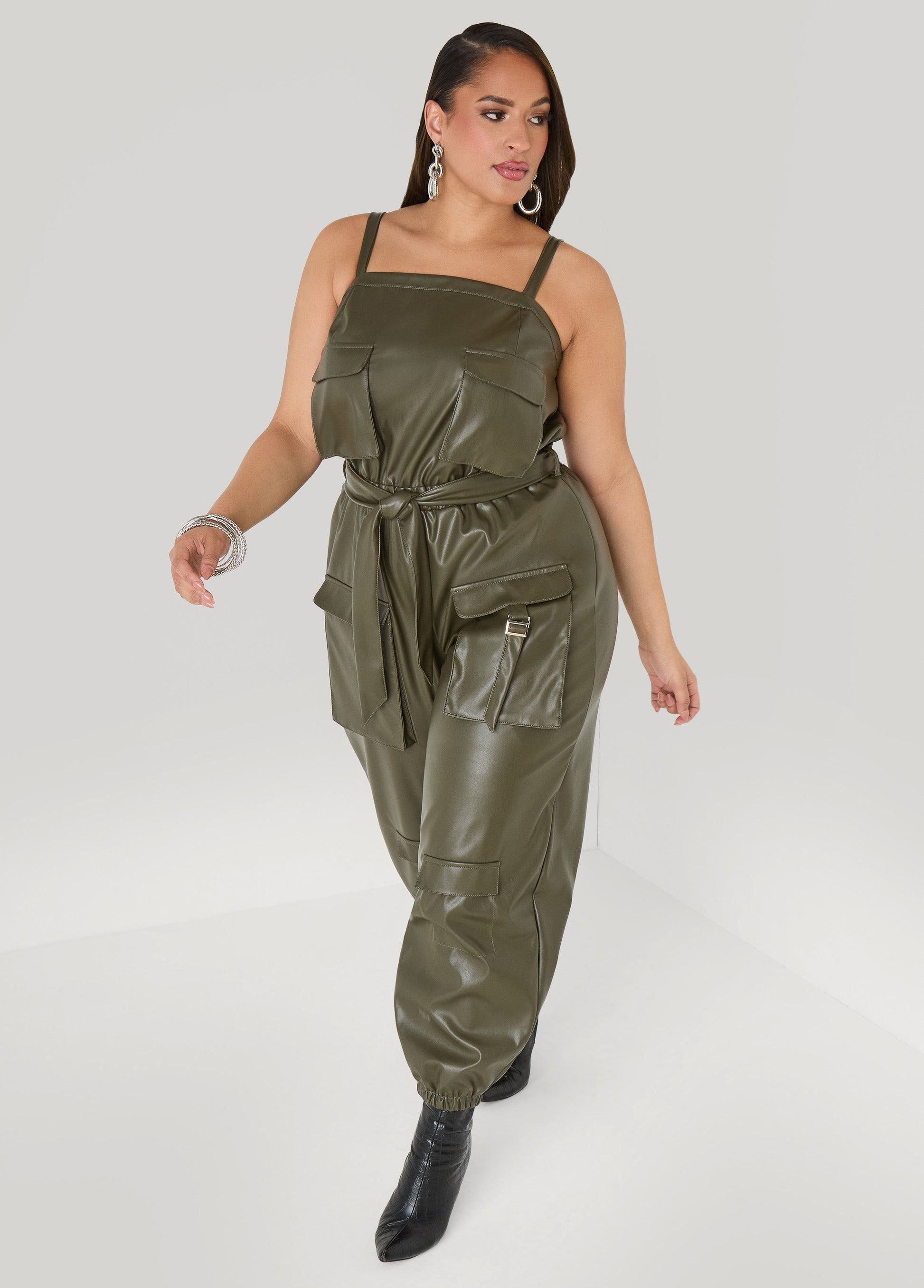 Ashley Stewart Faux Leather Joggers Jumpsuit Olive Night