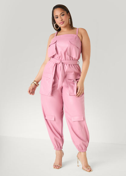 Ashley Stewart Faux Leather Joggers Jumpsuit Olive Night