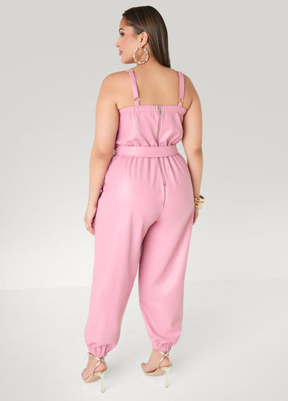 Ashley Stewart Faux Leather Joggers Jumpsuit Olive Night