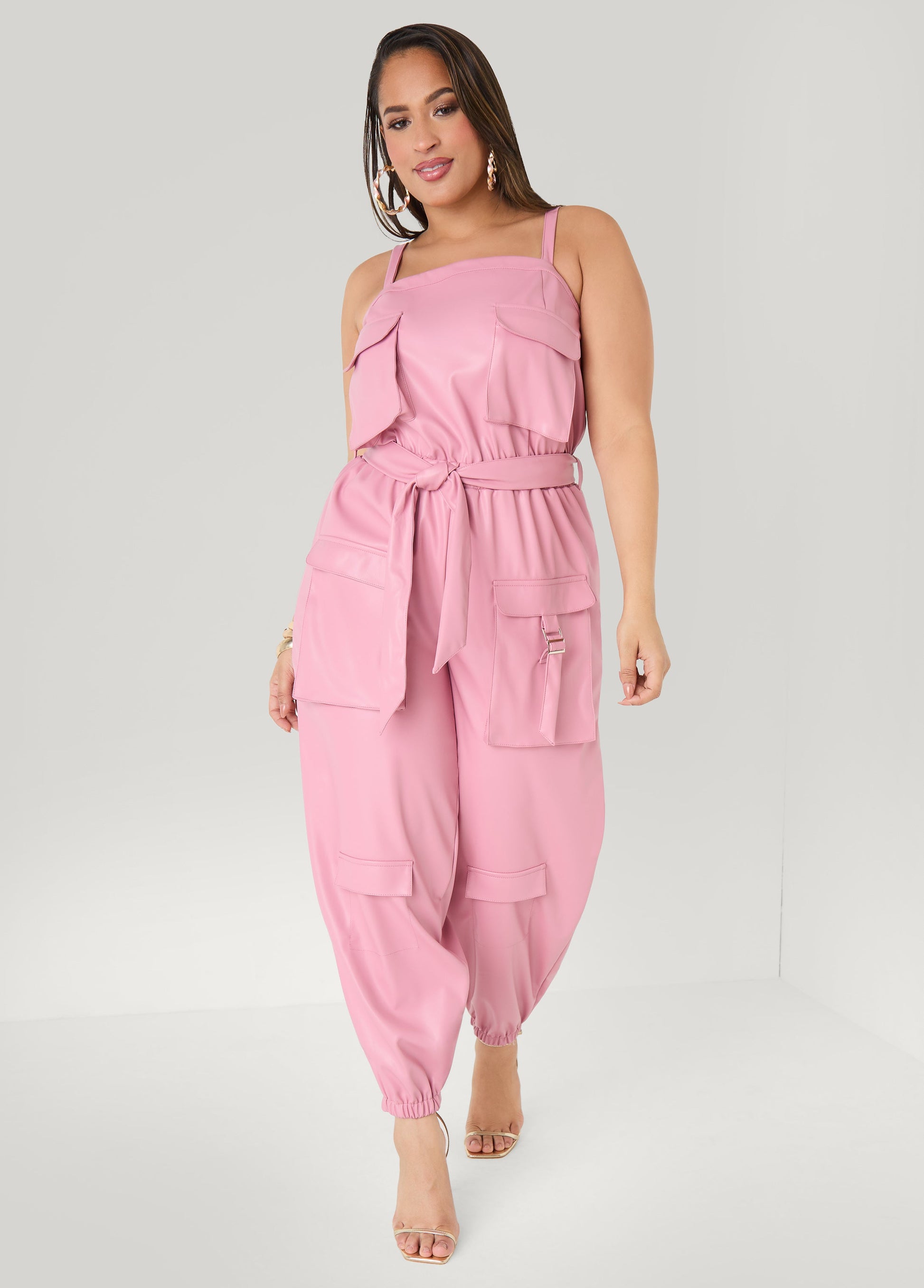 Ashley Stewart Faux Leather Joggers Jumpsuit Olive Night