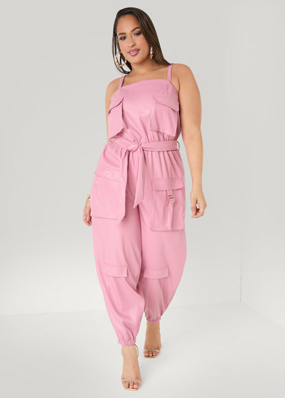 Ashley Stewart Faux Leather Joggers Jumpsuit Olive Night