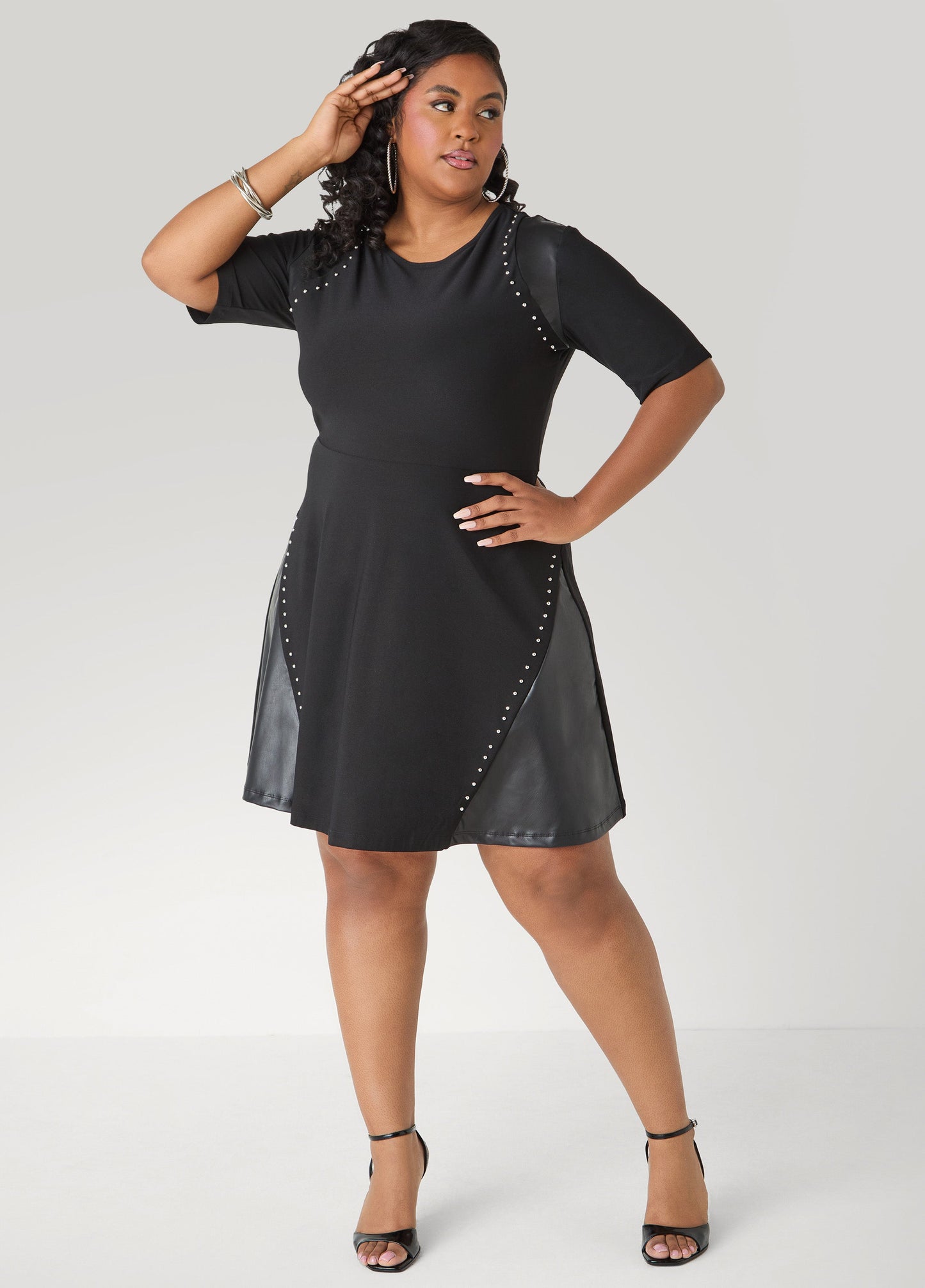 Ashley Stewart Studded Faux Leather Paneled Dress Black