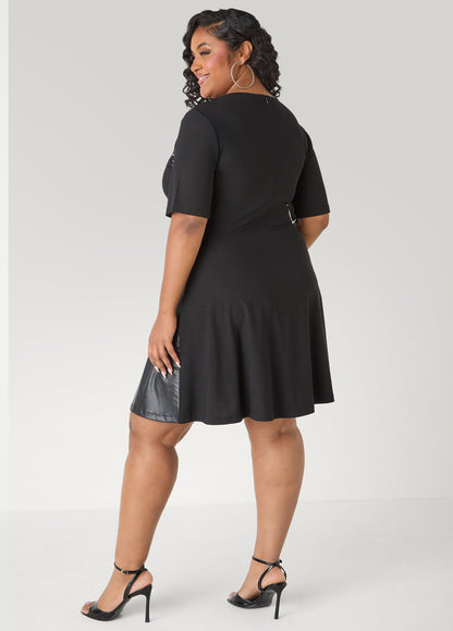 Ashley Stewart Studded Faux Leather Paneled Dress Black