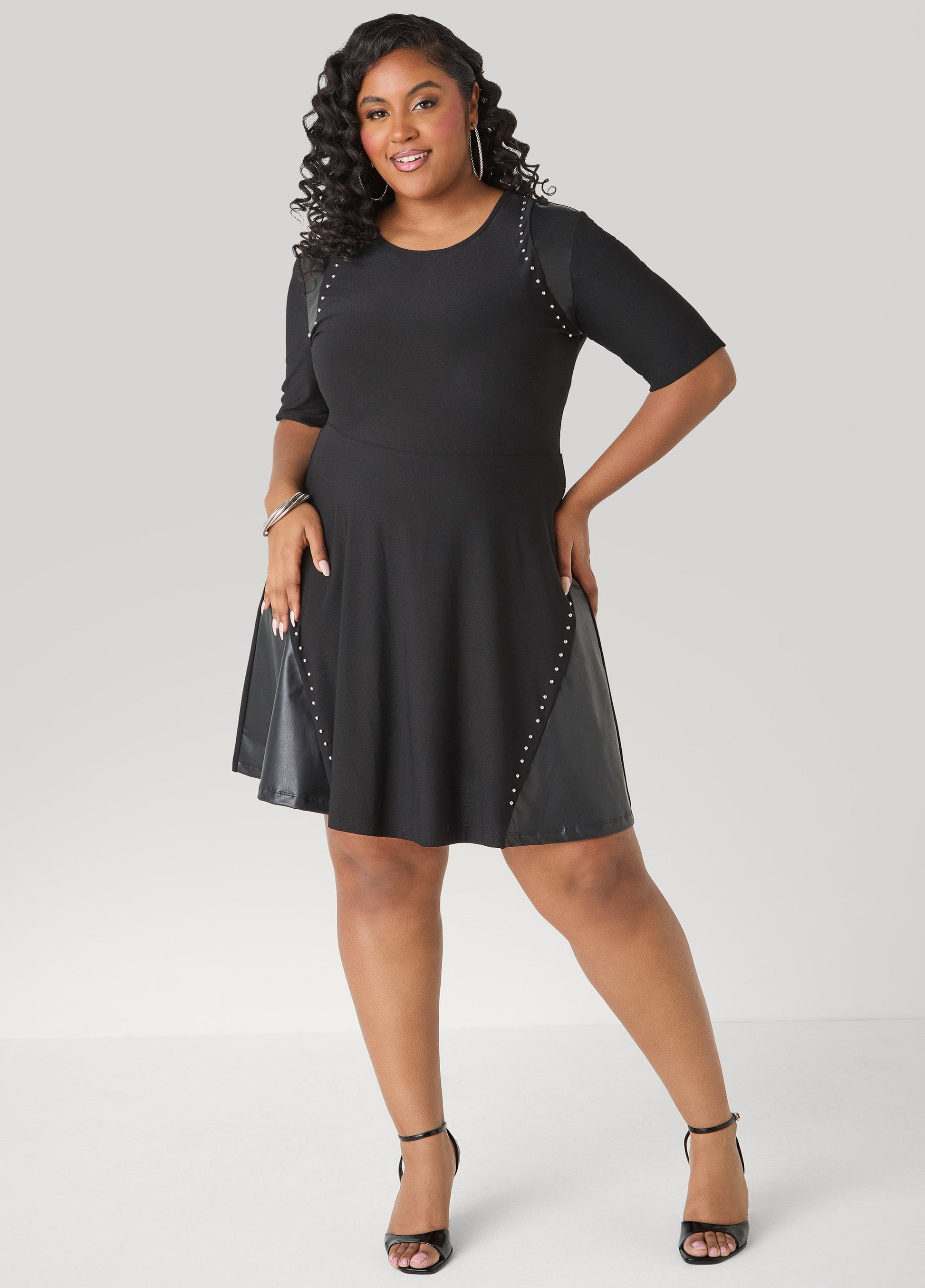 Ashley Stewart Studded Faux Leather Paneled Dress Black