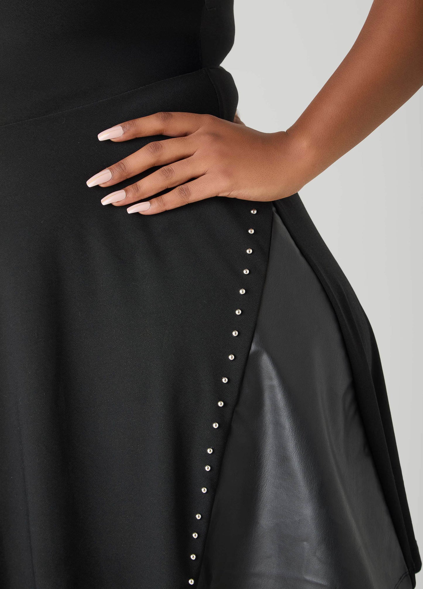 Ashley Stewart Studded Faux Leather Paneled Dress Black